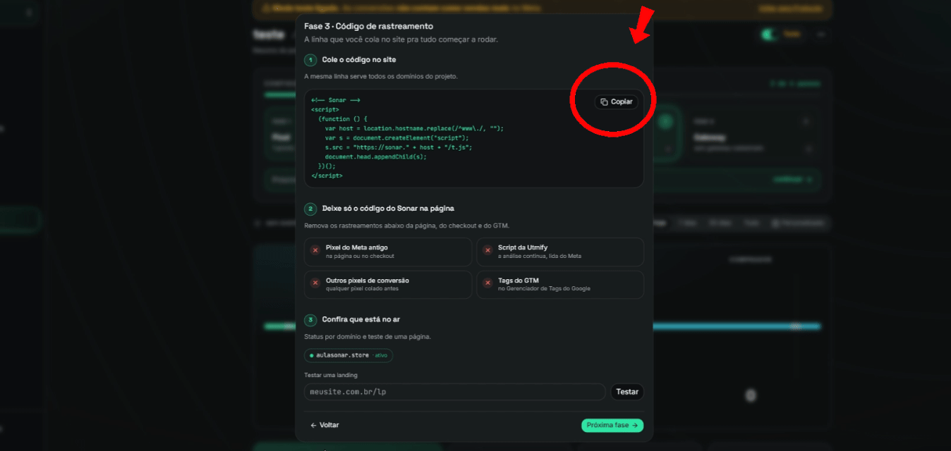 Copiar o código de rastreamento no painel.