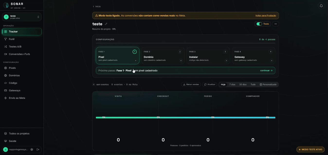 Adicionar pixel: preencher o nome, o Pixel ID e o token, e salvar.
